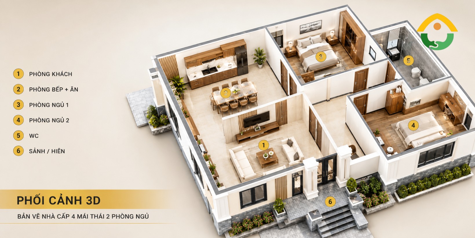 Bản Vẽ Nhà Cấp 4 Mái Thái 2 Phòng Ngủ