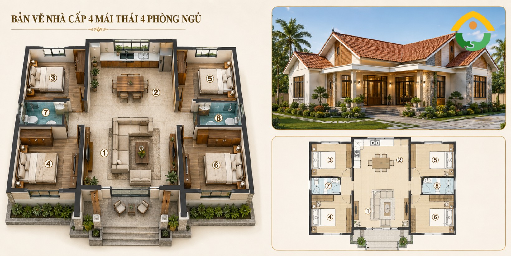 Bản Vẽ Nhà Cấp 4 Mái Thái 4 Phòng Ngủ