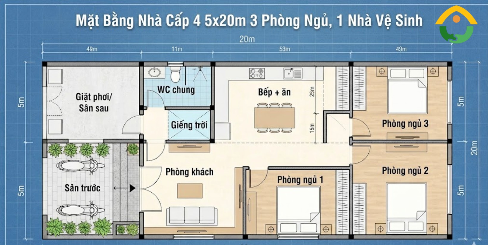 Nhà 5x20m 3 Phòng Ngủ